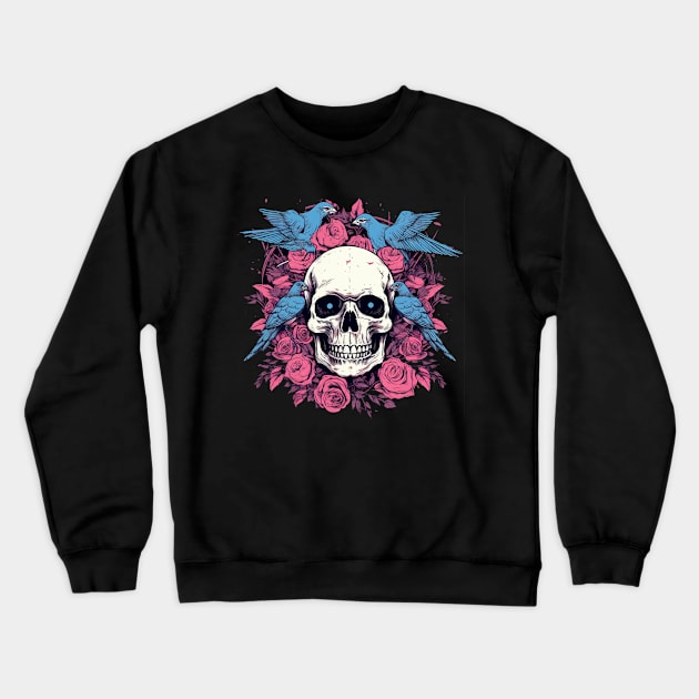 Skull with Birds and Floral Design Crewneck Sweatshirt by TOKEBI